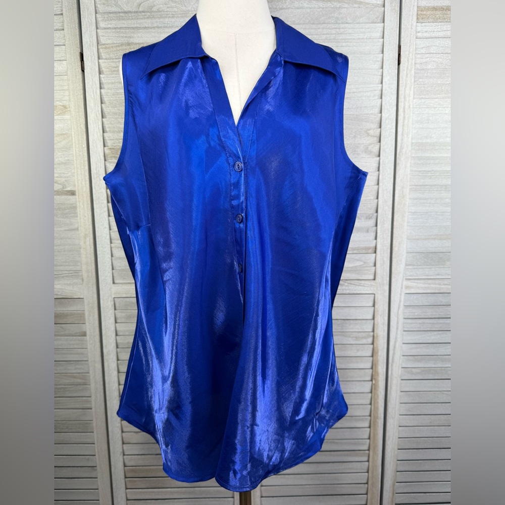 RAG  Sleeveless Blue Satin Button Front Blouse-2X